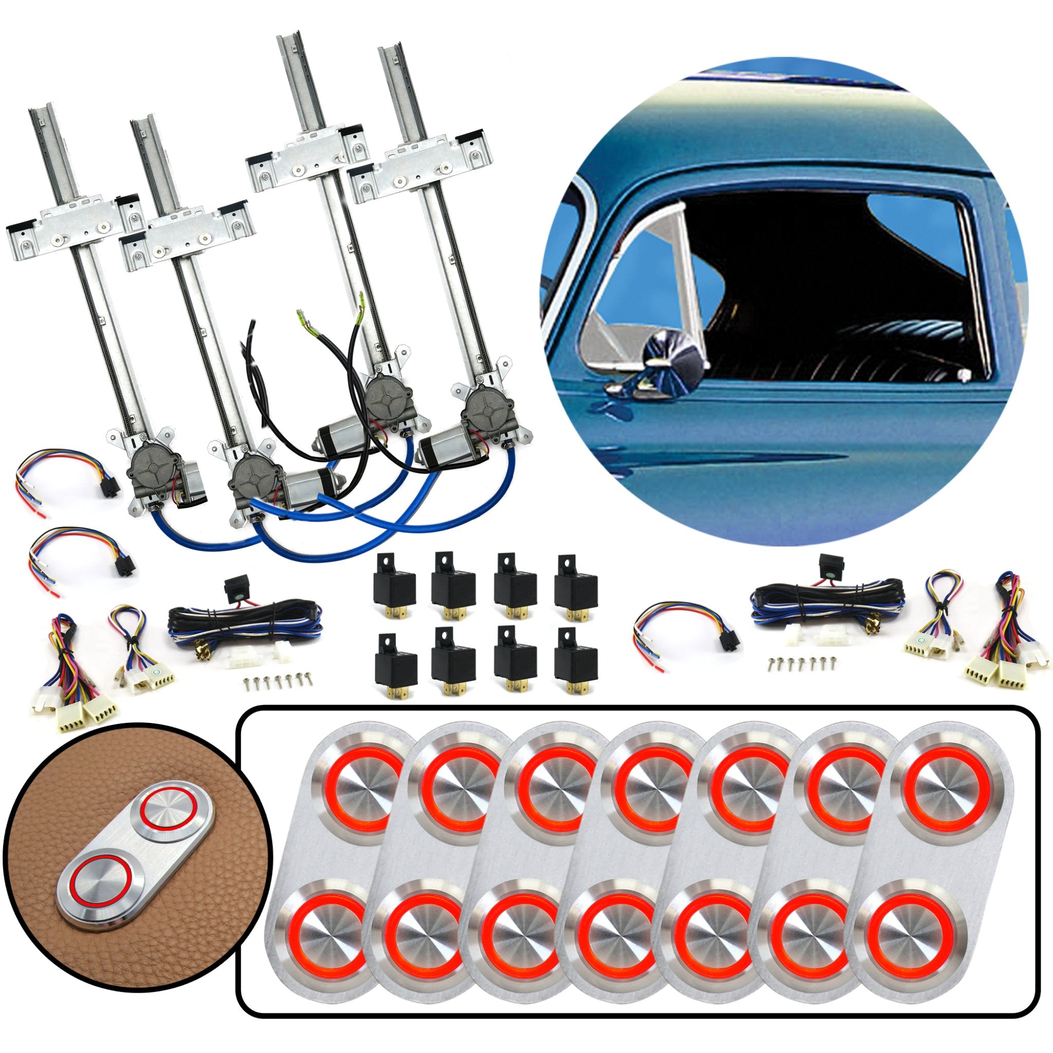 4 Door Flat Glass Power Window Kit with Silver Billet Aluminum Daytona Switches