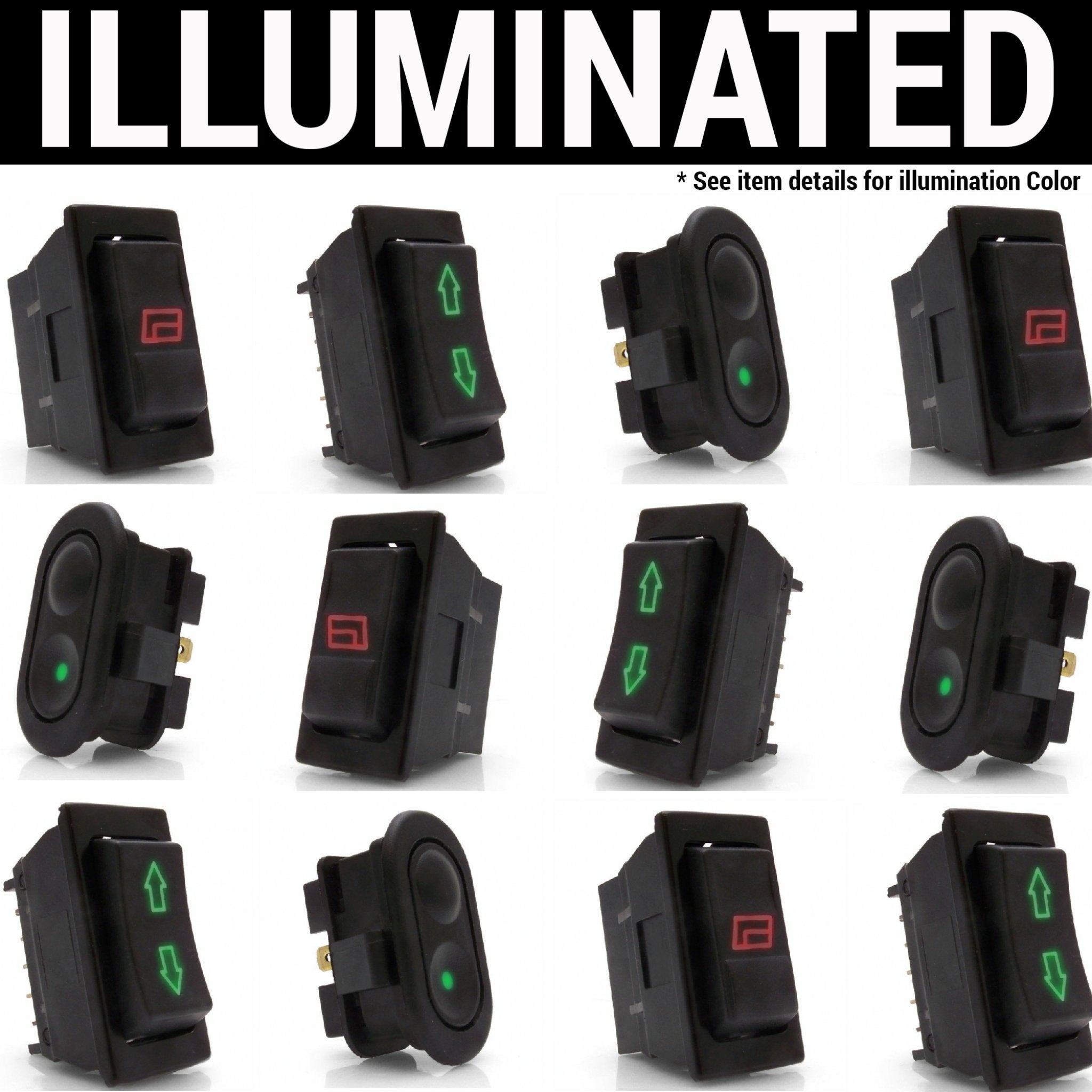 Kit de 7 interruptores para ventana eléctrica de coche de 4 puertas con LED verde y arnés de cableado de 12 V universal