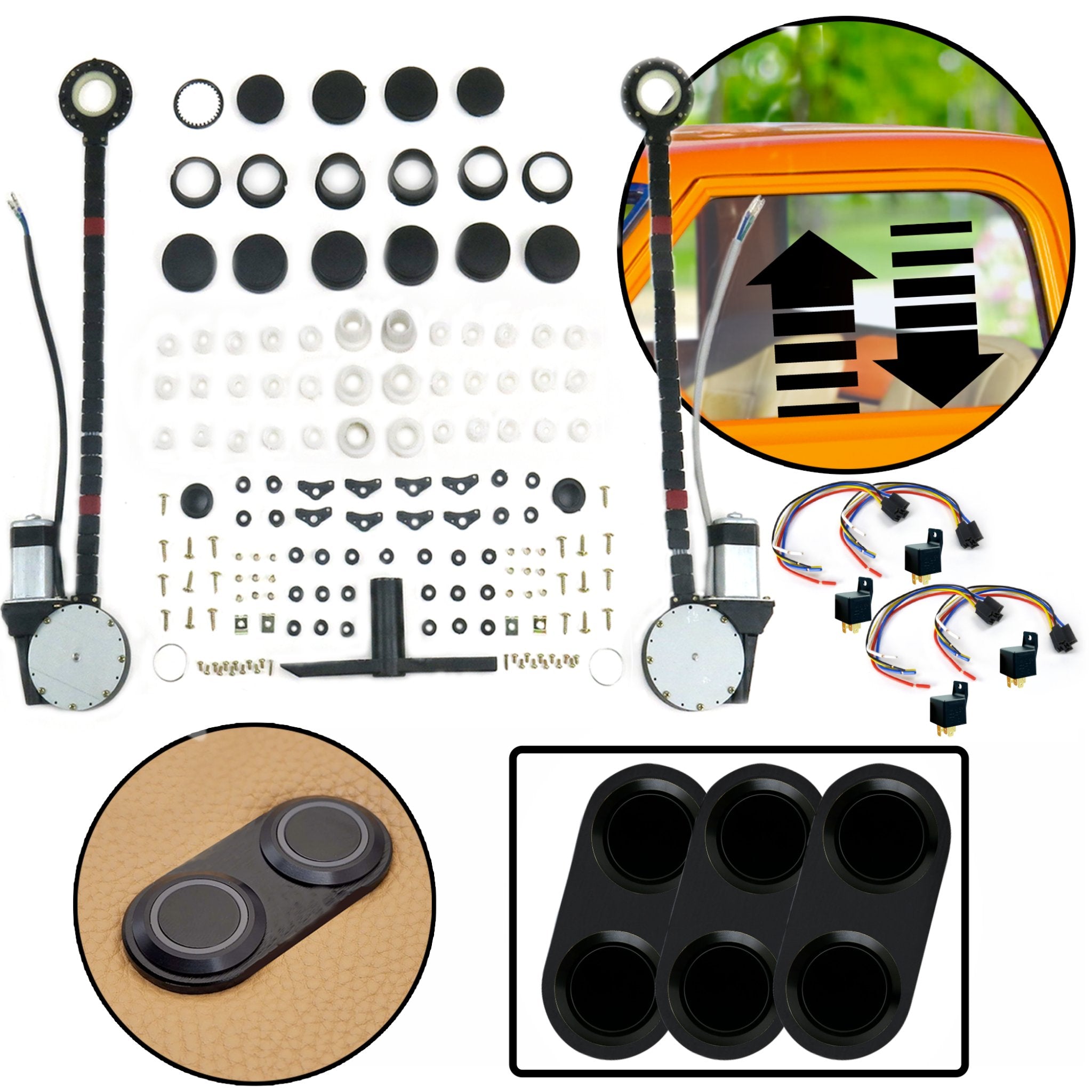 Kit de elevalunas eléctrico universal para coche de 2 puertas con interruptores de la serie Daytona de aluminio billet negro