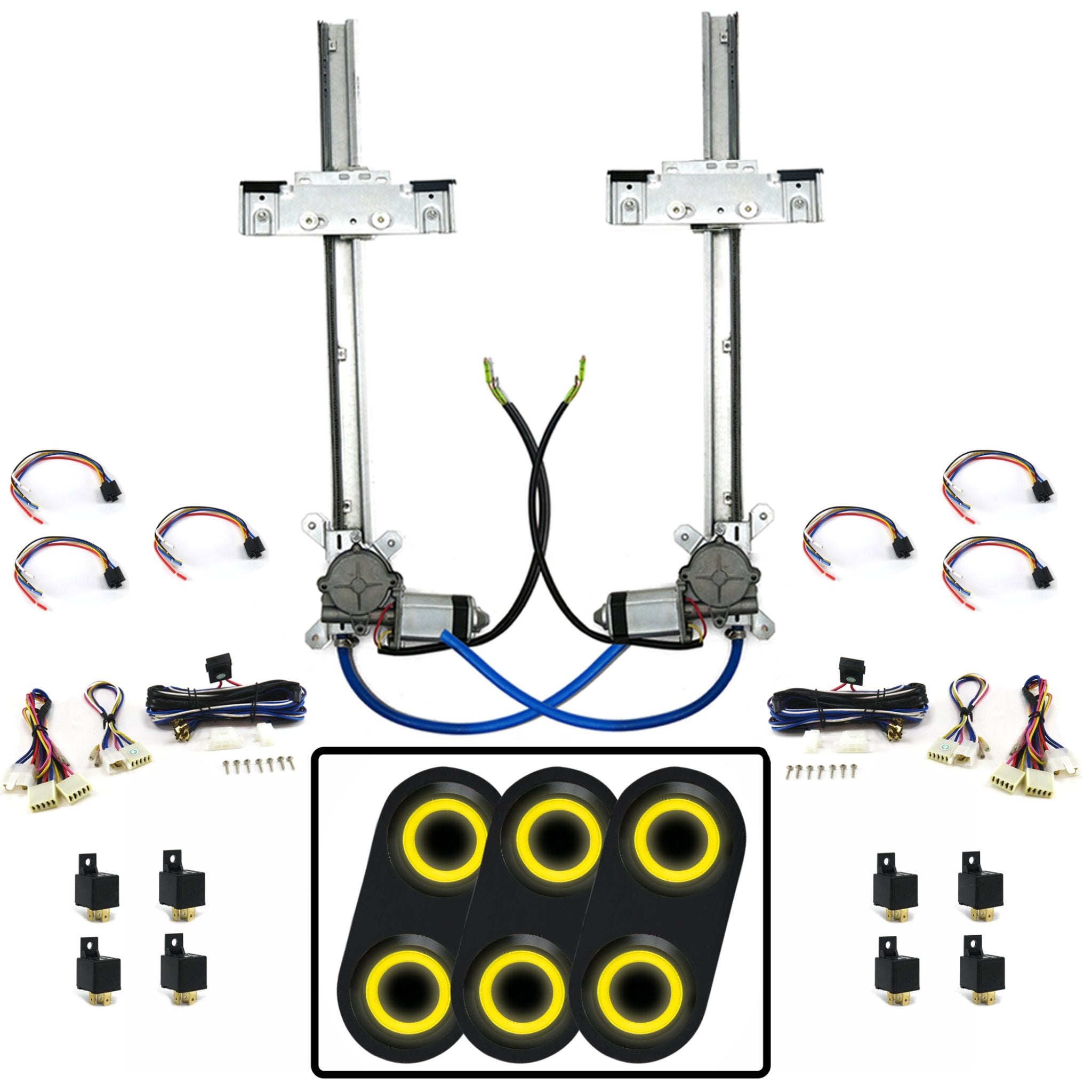 Kit de ventana eléctrica de vidrio plano de 2 puertas con 3 interruptores de aluminio Billet serie Retro