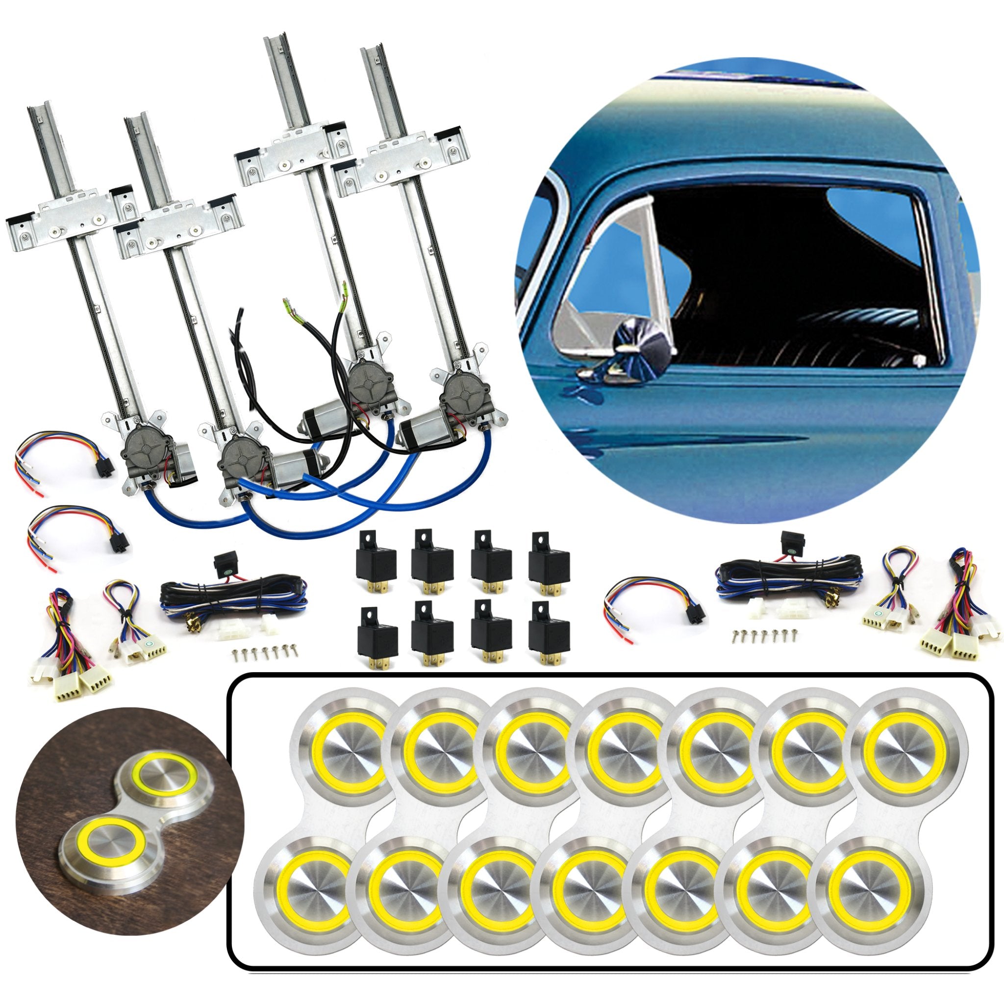 4 Door Flat Glass Power Window Kit with Silver Billet Aluminum Retro Switches