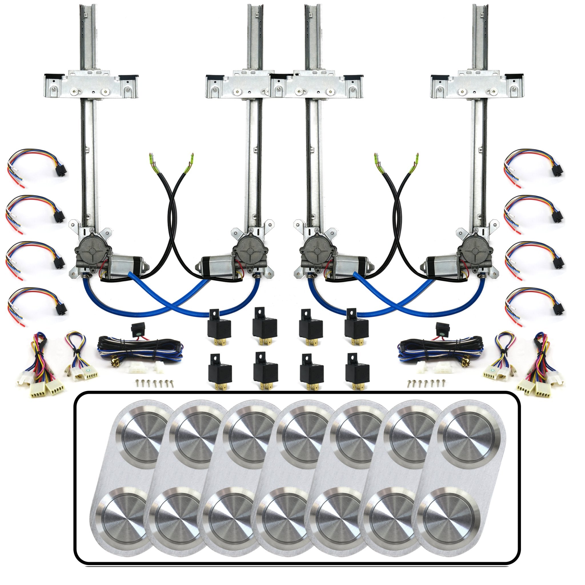 1930-1933 Willys Model 88-6 4 Door Flat Glass Power Window Kit with Silver Billet Aluminum Daytona Switches