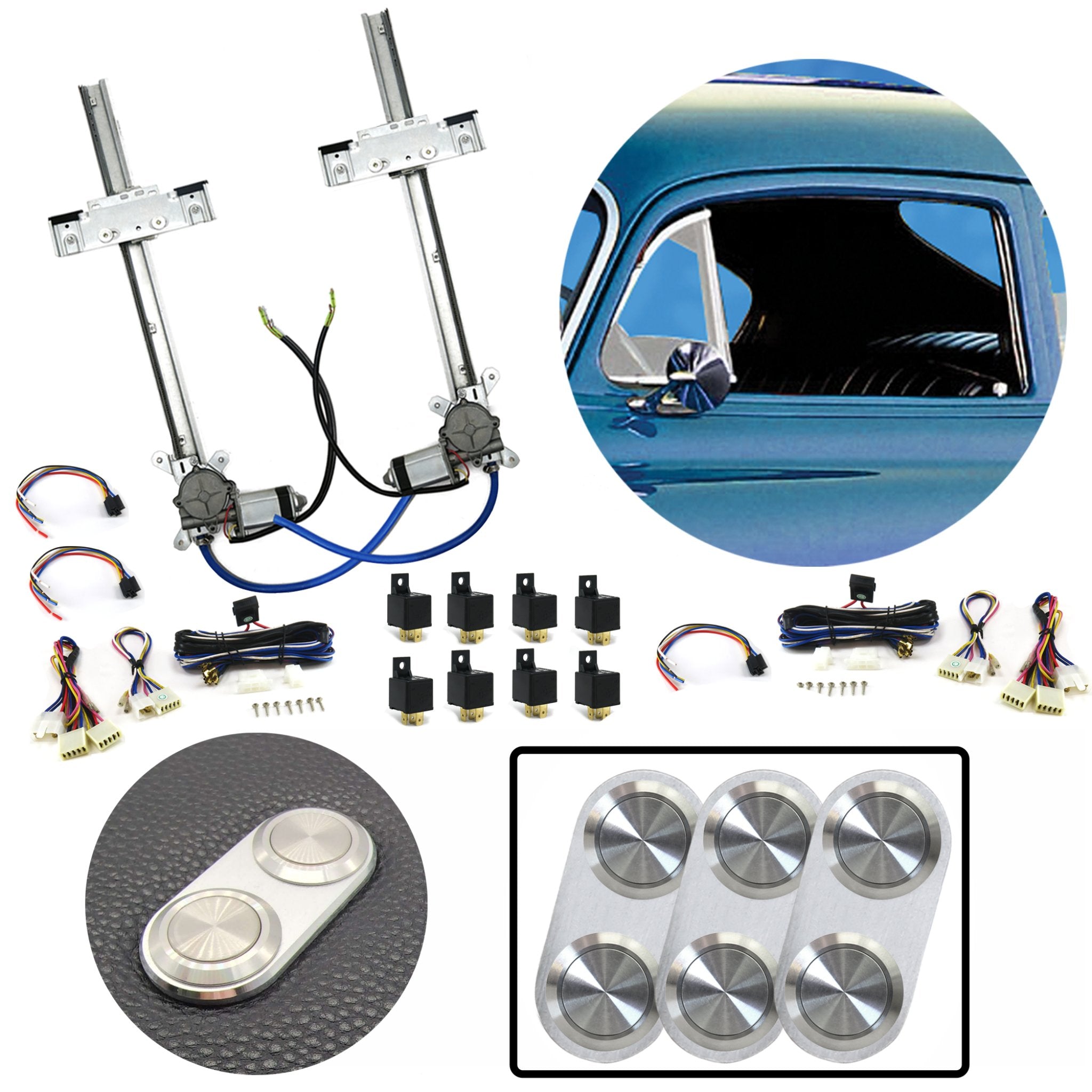 Kit de ventana eléctrica de vidrio plano de 2 puertas con 3 interruptores de aluminio Billet serie Daytona