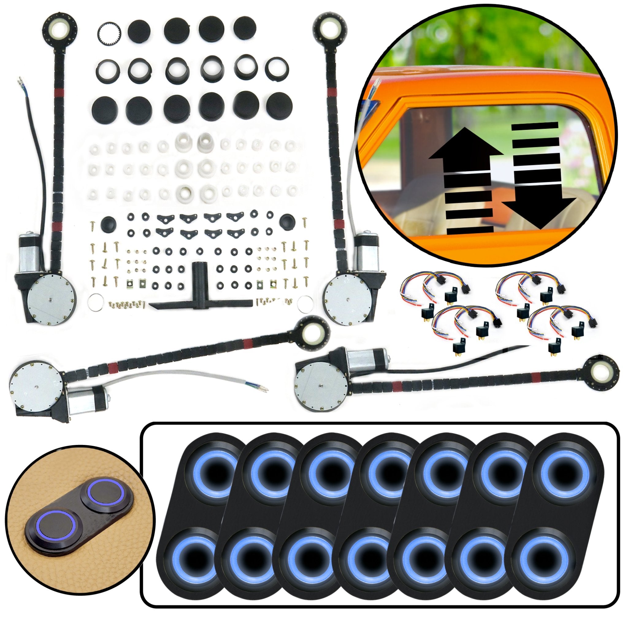 Kit de elevalunas eléctrico universal para coche de 4 puertas con interruptores de la serie Daytona de aluminio billet negro