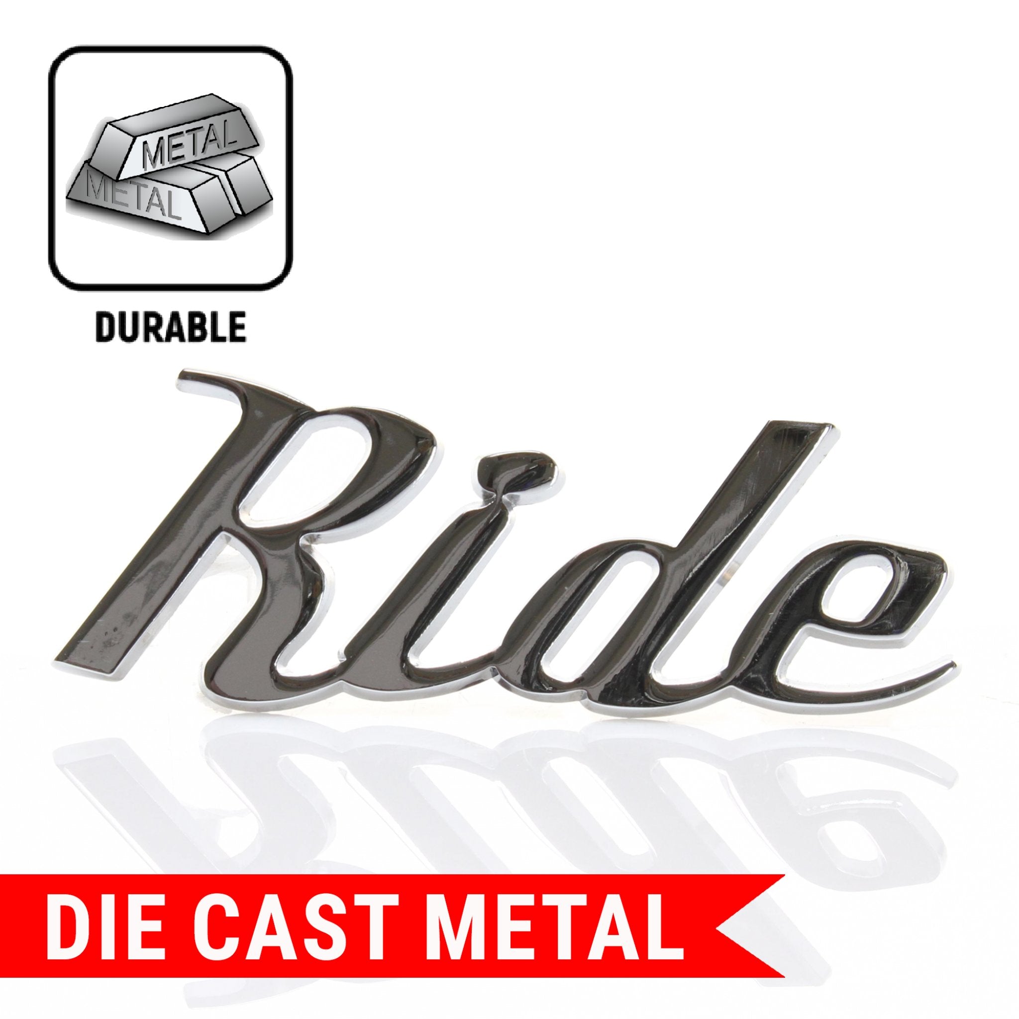 Emblema de guardabarros con letras de guión de coche "Ride" de metal cromado, insignia para camión, Hot Rod