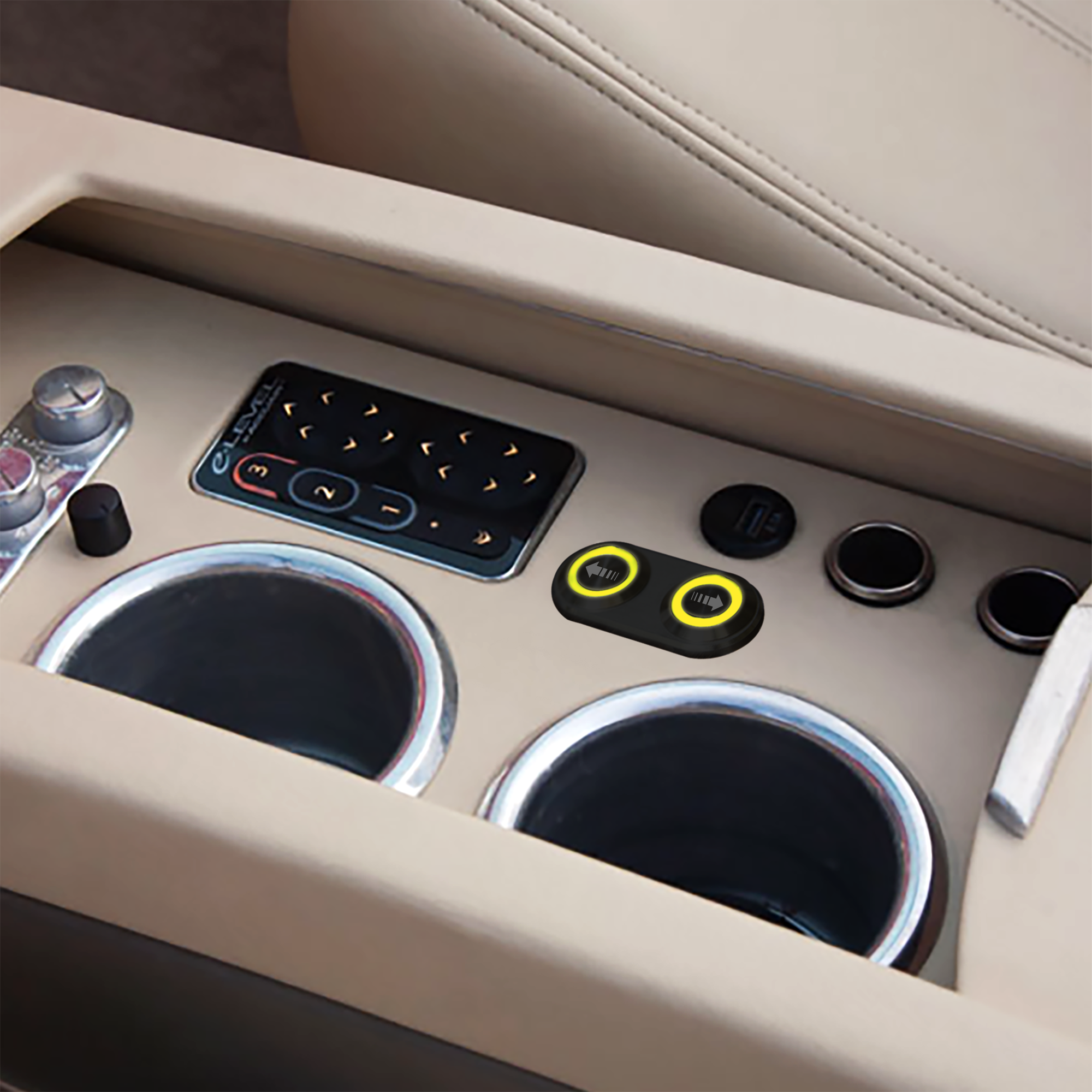 Black Daytona Billet Switches with Yellow Illumination Installed in Center Console with Arrows