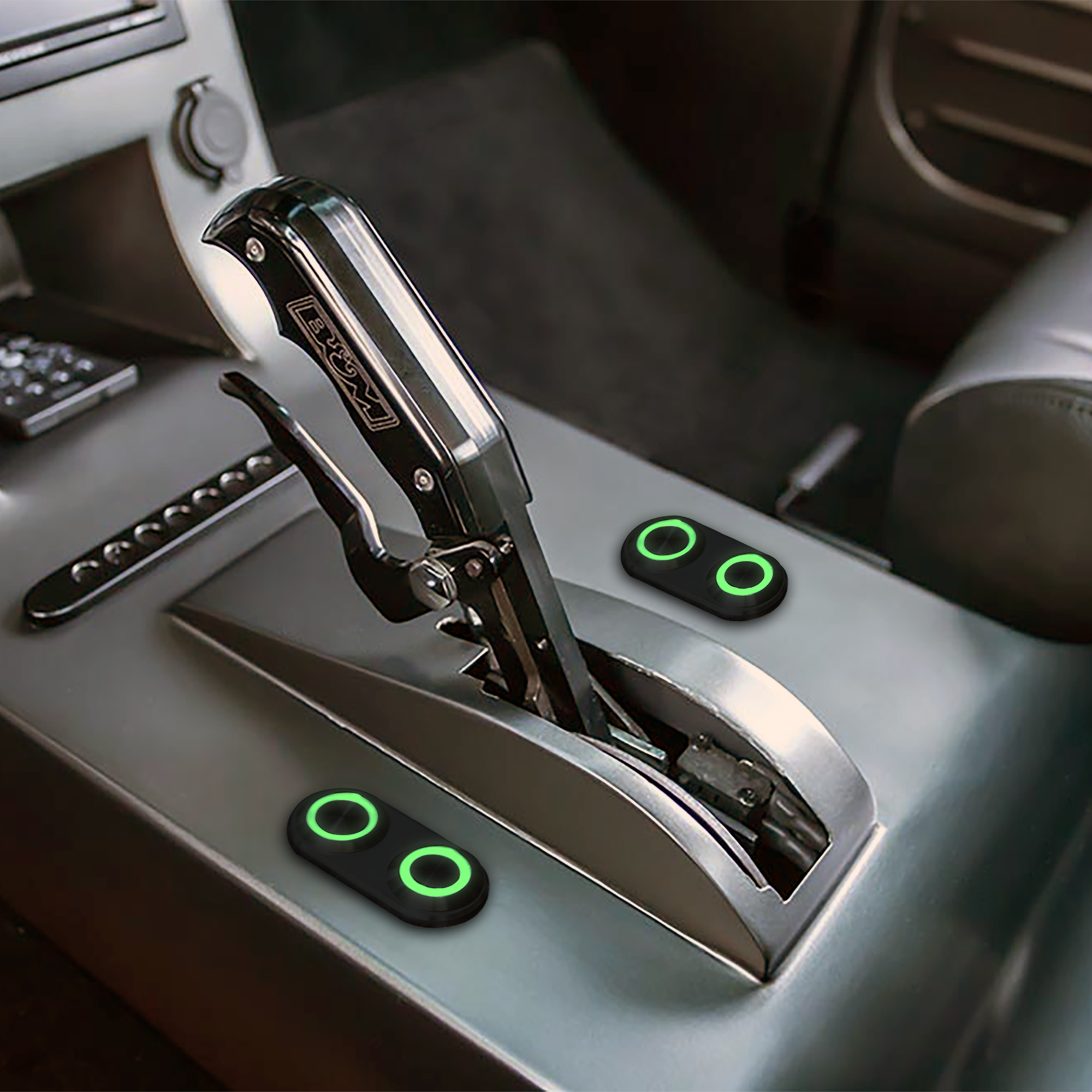 Black Daytona Billet Switches with Green Illumination Installed in Center Console