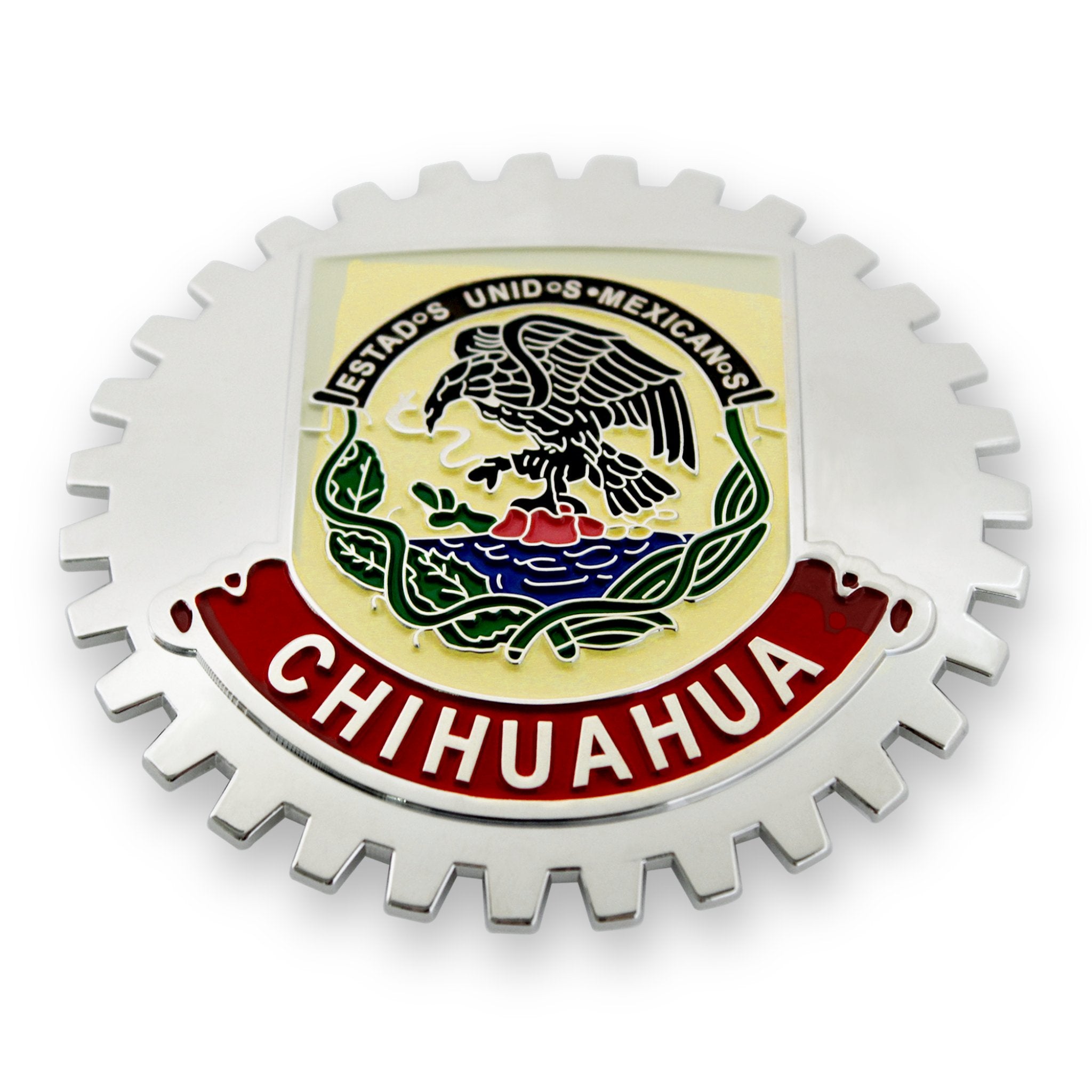 Cromo coche camión Chihuahua México parrilla insignia emblema bandera bandera roja medallón