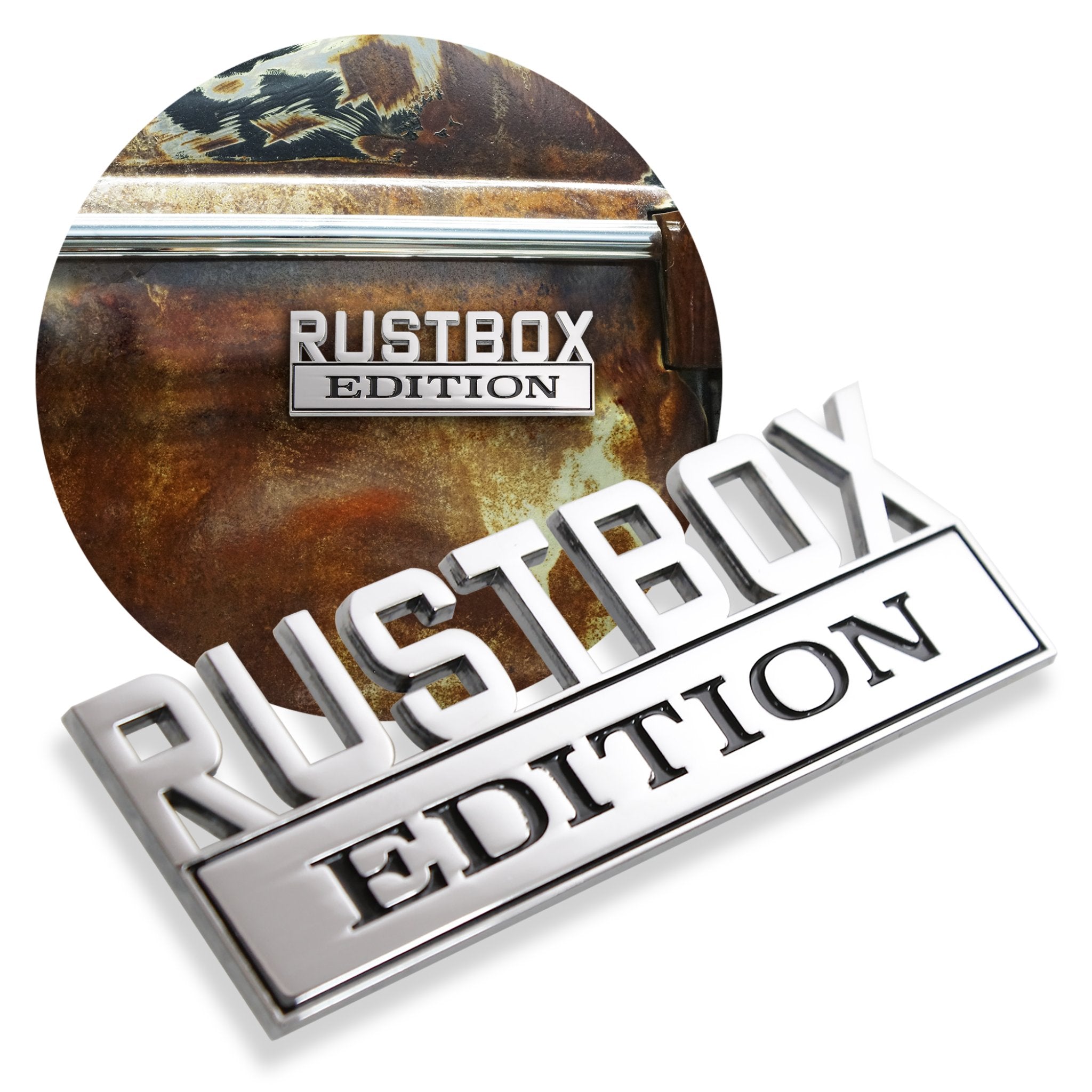 Emblema de guardabarros de edición Rustbox de Metal cromado, insignia personalizada para coche, camión, portón trasero, maletero