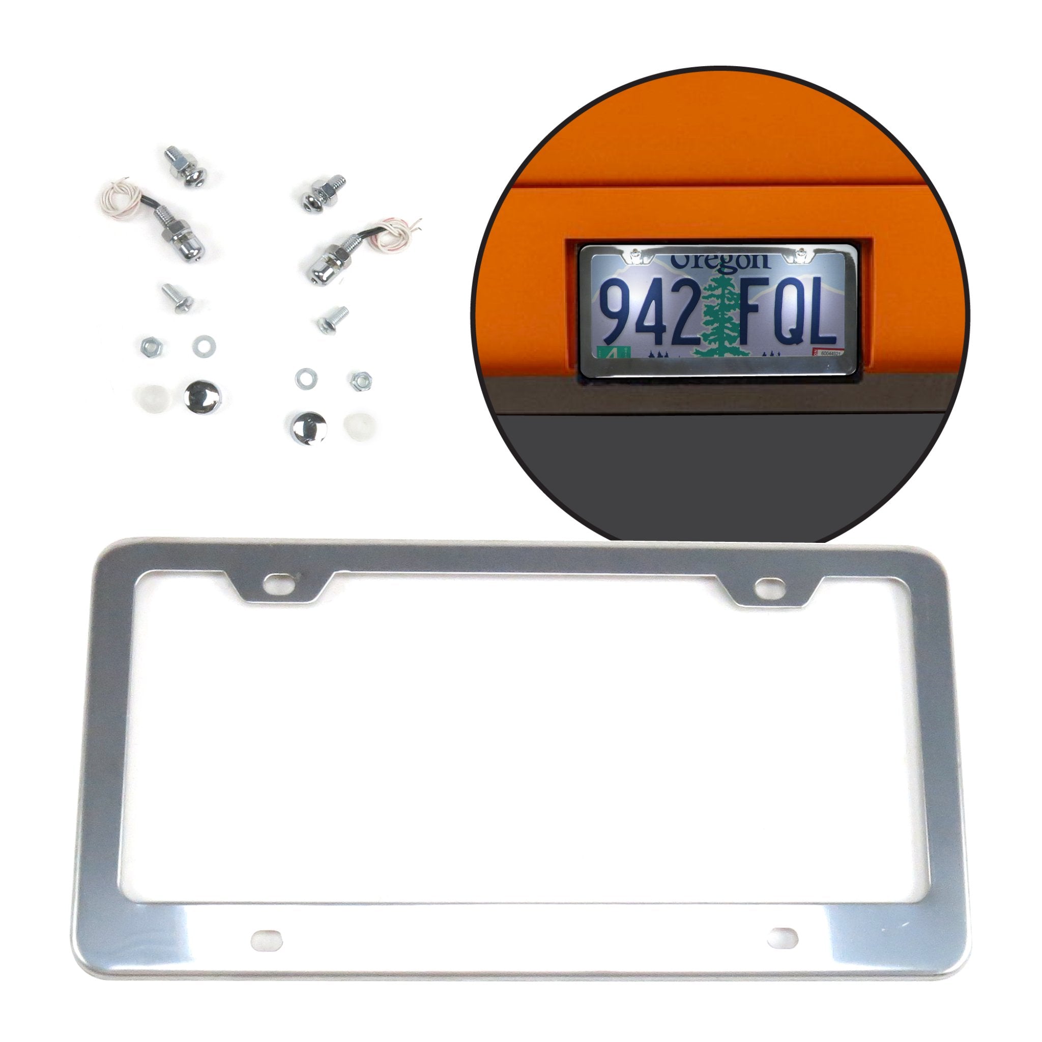 Stainless Steel Chrome Metal Car License Plate Frame 6"x12" w/ LED Light Bolts