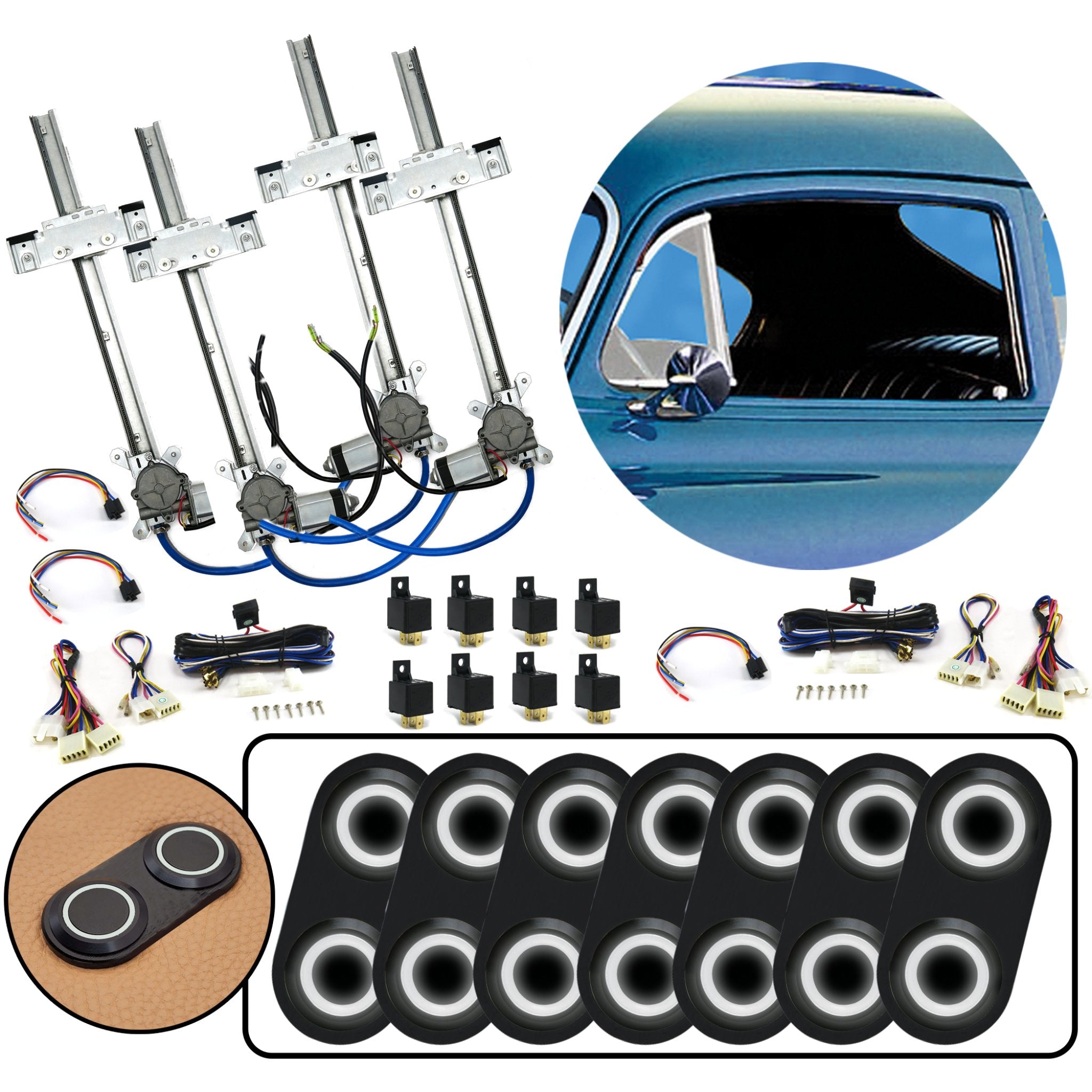 Kit de ventana eléctrica de vidrio plano de 4 puertas con interruptores Daytona de aluminio Billet negro