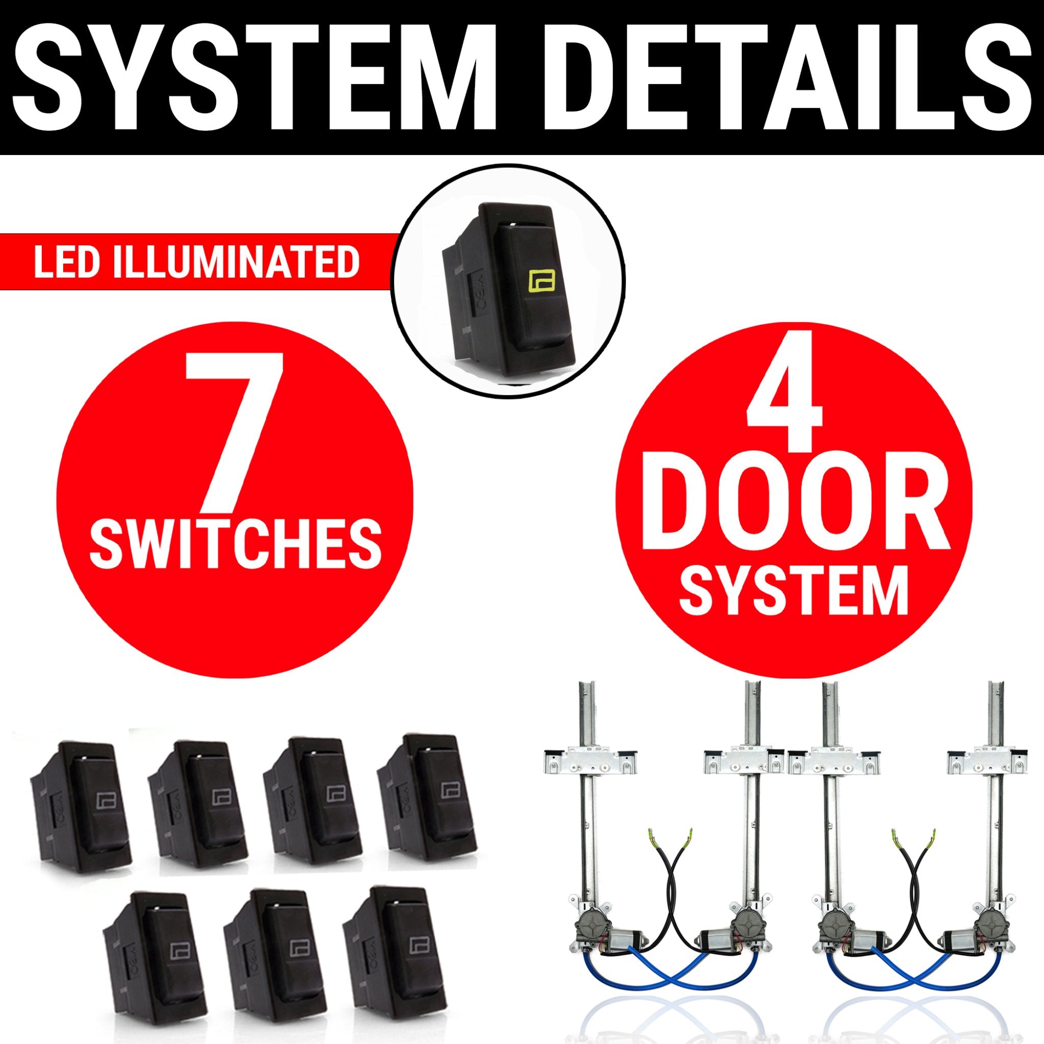 4 Door Flat Glass Electric Power Window Regulator Conversion Kit w/ 7 Switches