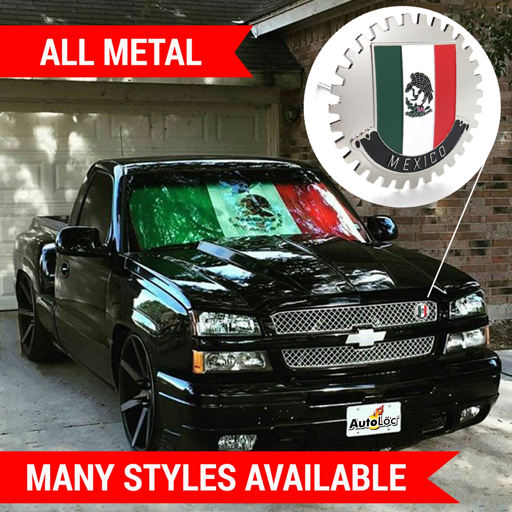 Cromo coche camión Chihuahua México parrilla insignia emblema bandera bandera roja medallón