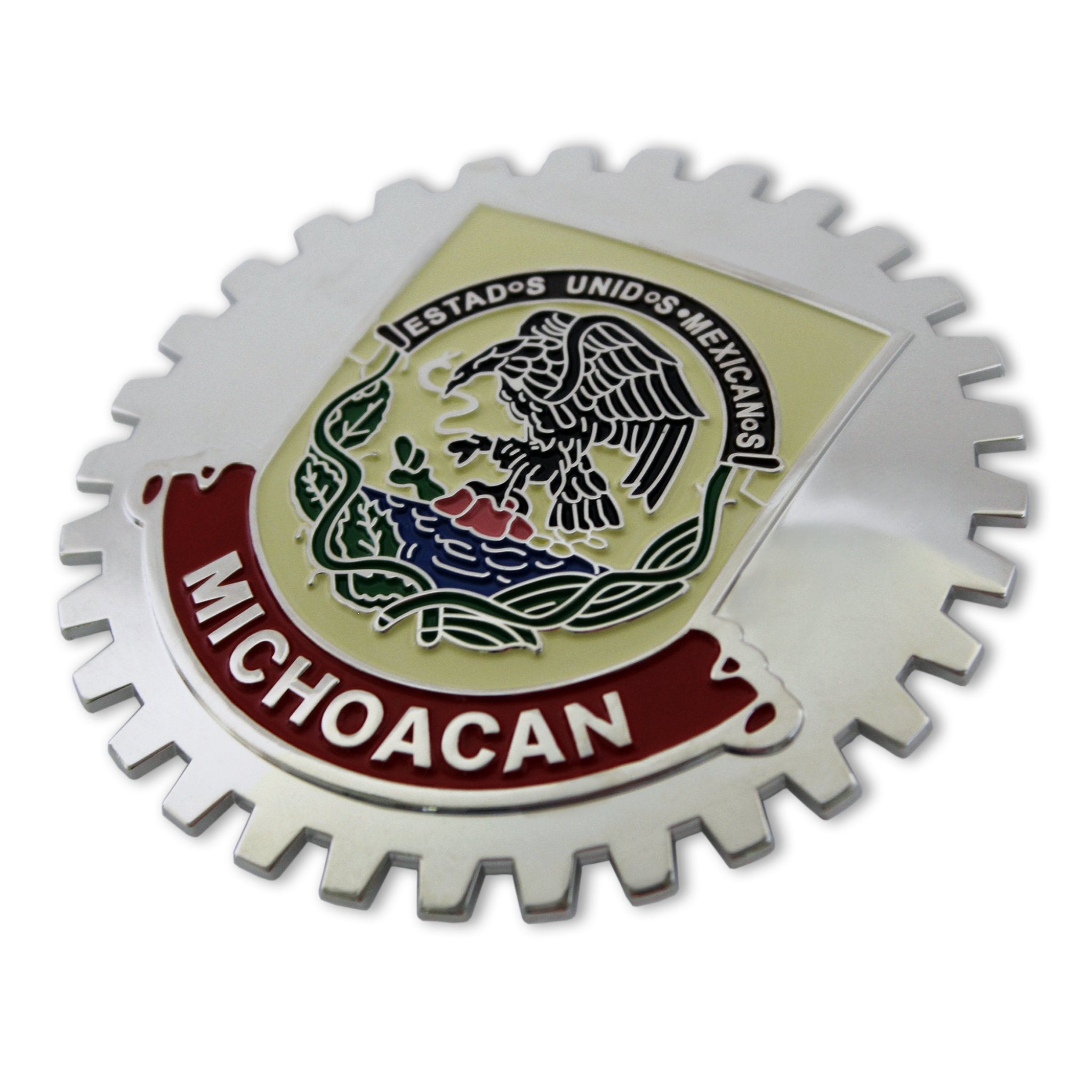 Cromo coche camión Michoacán México parrilla insignia emblema bandera bandera roja medallón