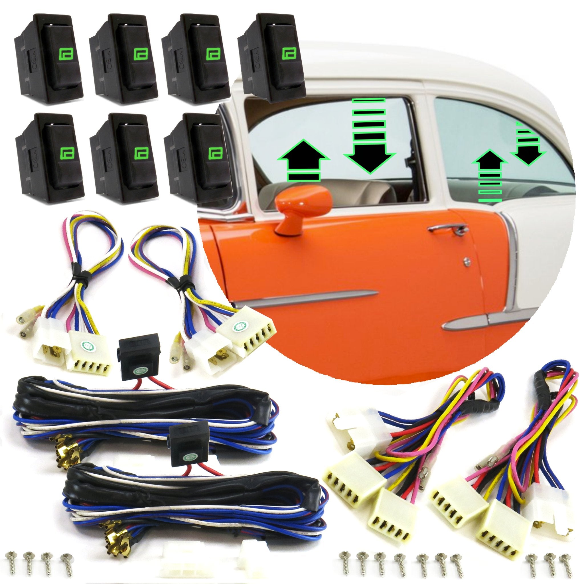Kit de 7 interruptores para ventana eléctrica de coche de 4 puertas con LED verde y arnés de cableado de 12 V universal