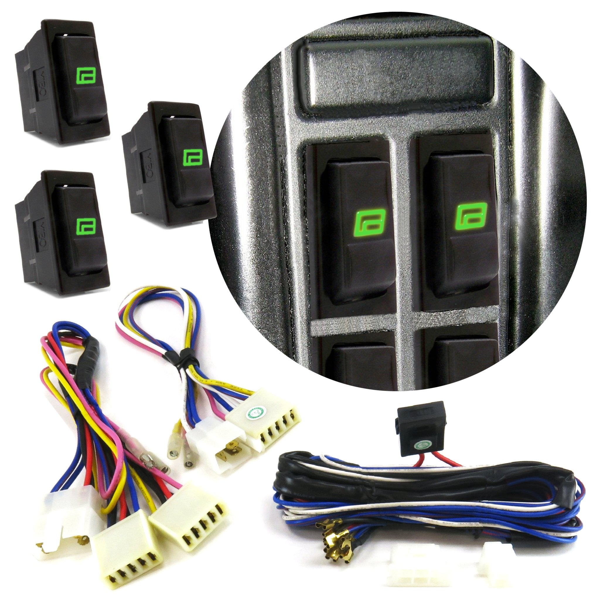 Green LED Light Power Window Rocker Switch Harness Plug Wiring Kit Set Car Truck