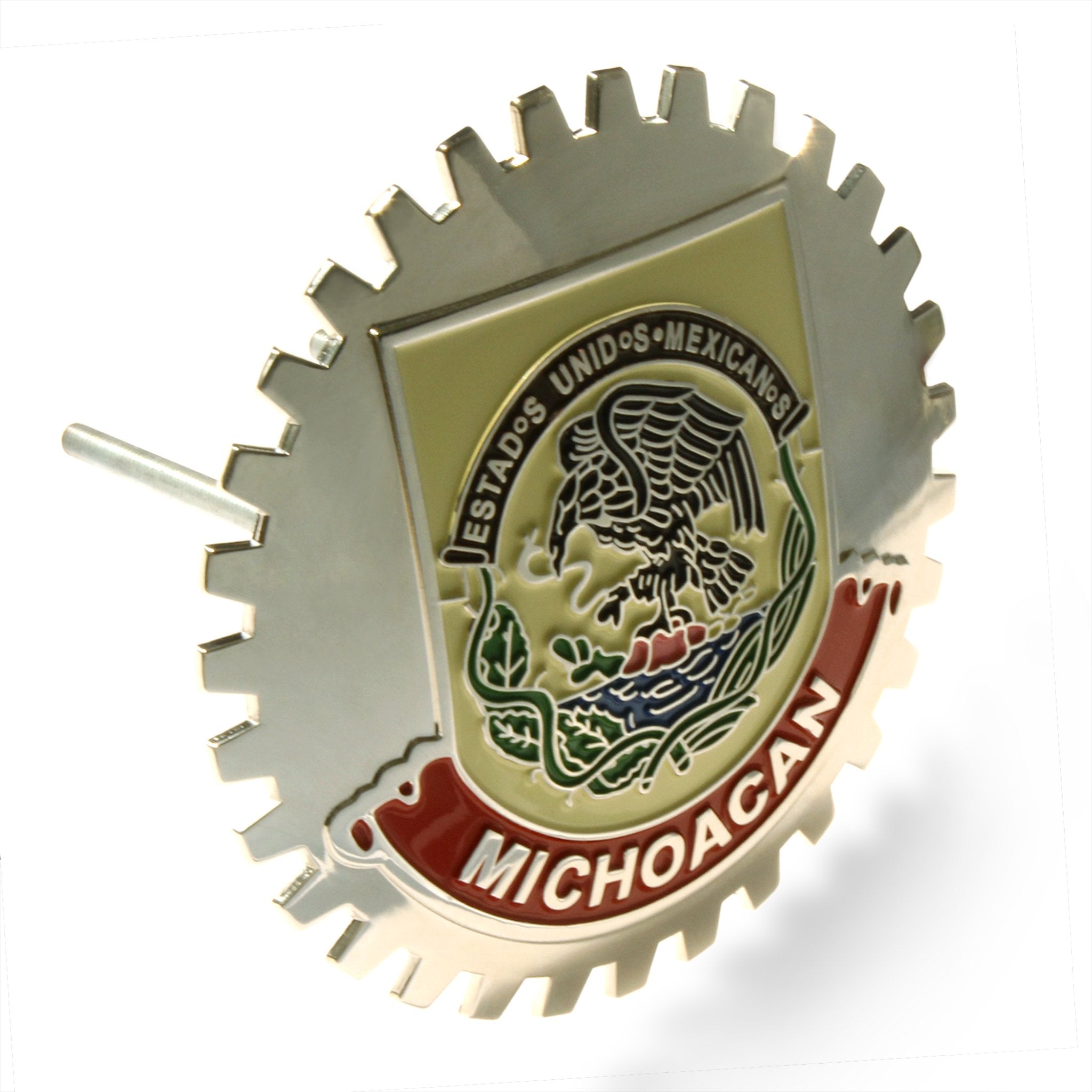 Chrome Car Truck Michoacan Mexico Grill Badge Emblem Flag Red Banner Medallion