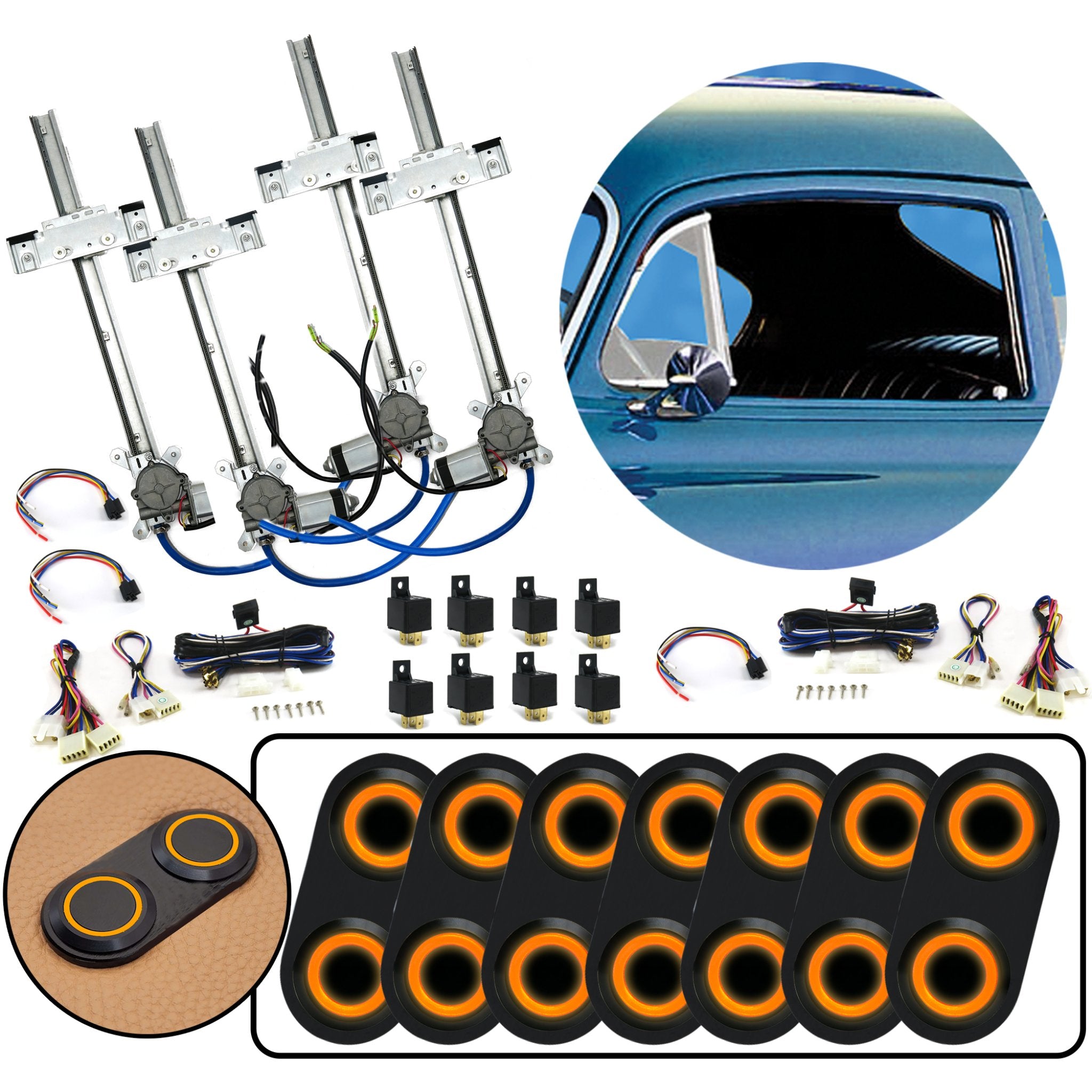 Kit de ventana eléctrica de vidrio plano de 4 puertas con interruptores Daytona de aluminio Billet negro