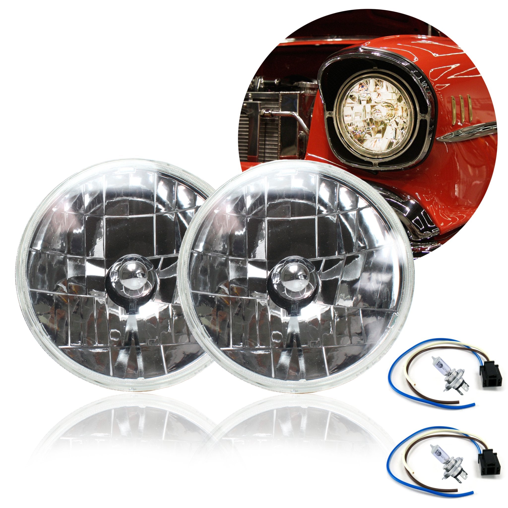 Snake Eye 7" Round Halogen Headlight Assembly Pair Glass Lens Car Truck Hot Rod