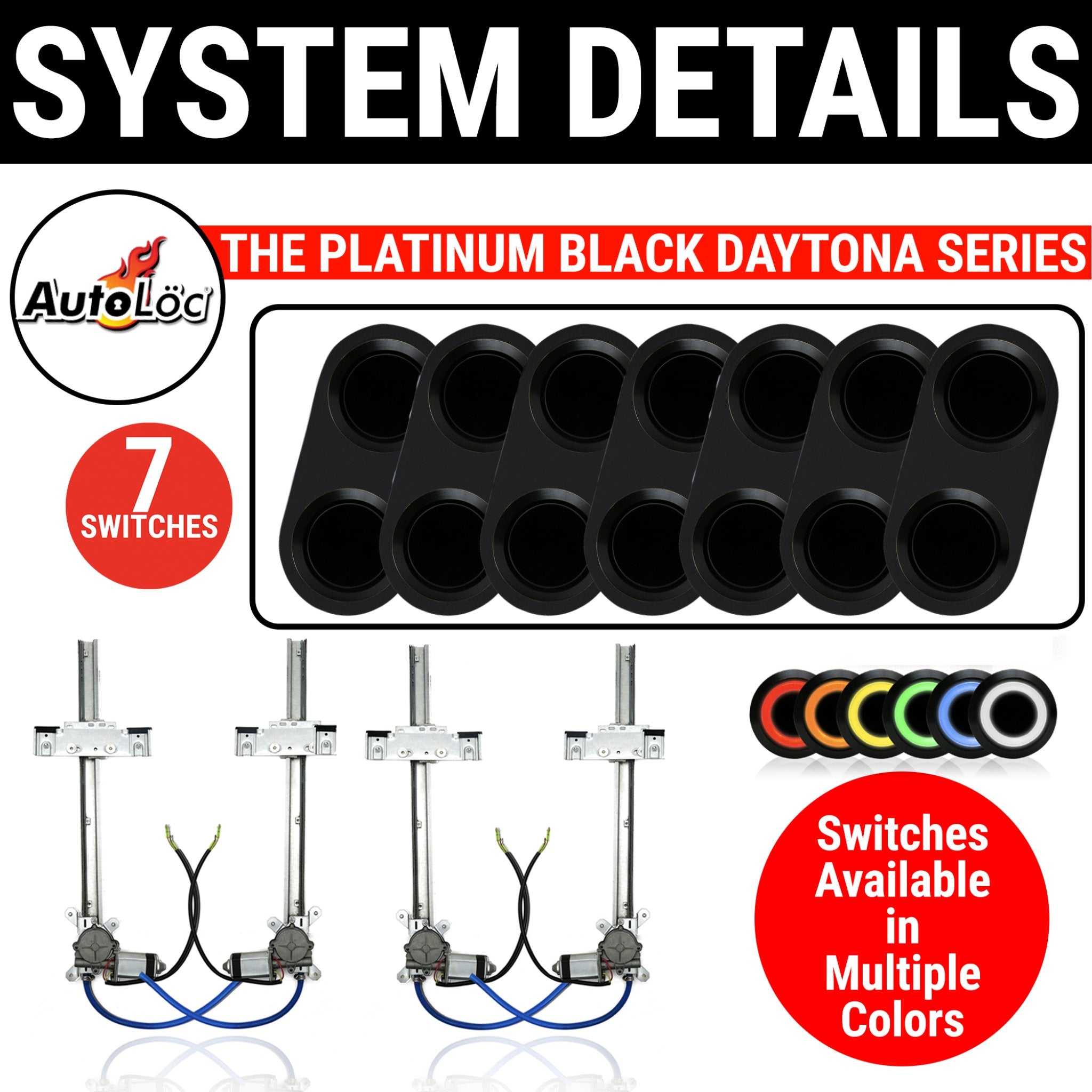 Kit de ventana eléctrica de vidrio plano de 4 puertas con interruptores Daytona de aluminio Billet negro